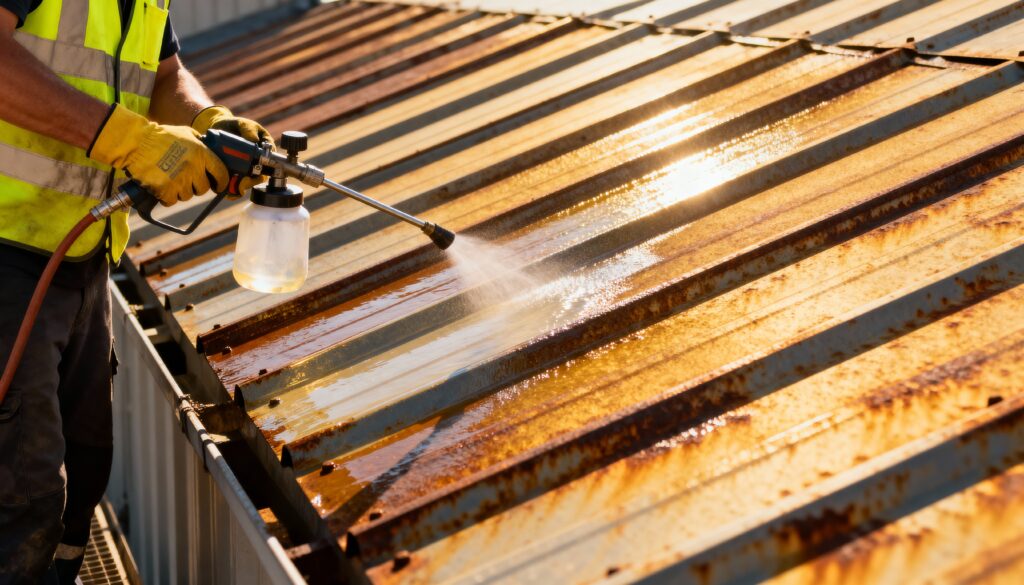 Medium shot of a technician applying UVprotective layer on metal rooftop focusing on corrosion prevention and sun exposure defense
