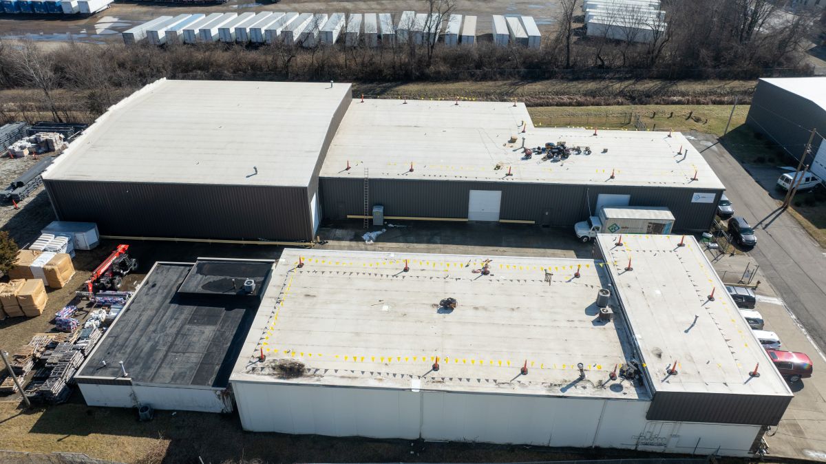 Drone view of a large commercial built up roof