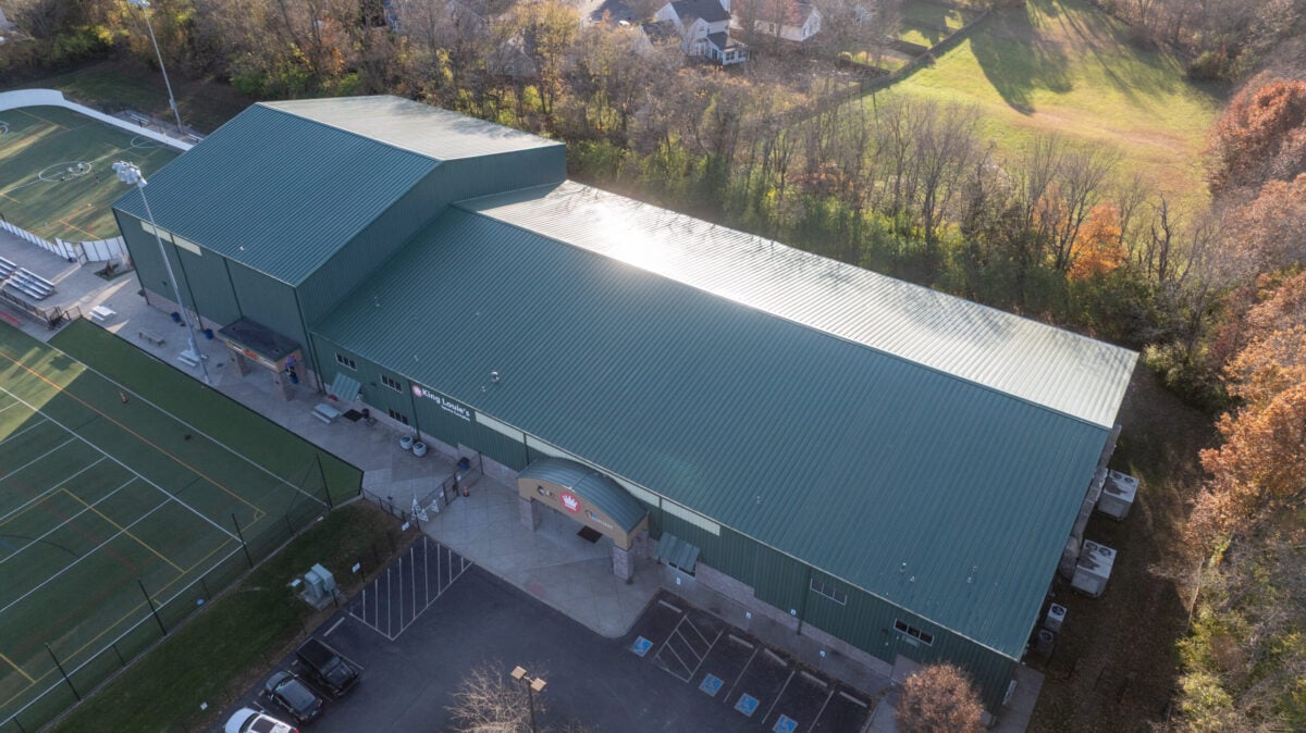 aerial view green metallic roof